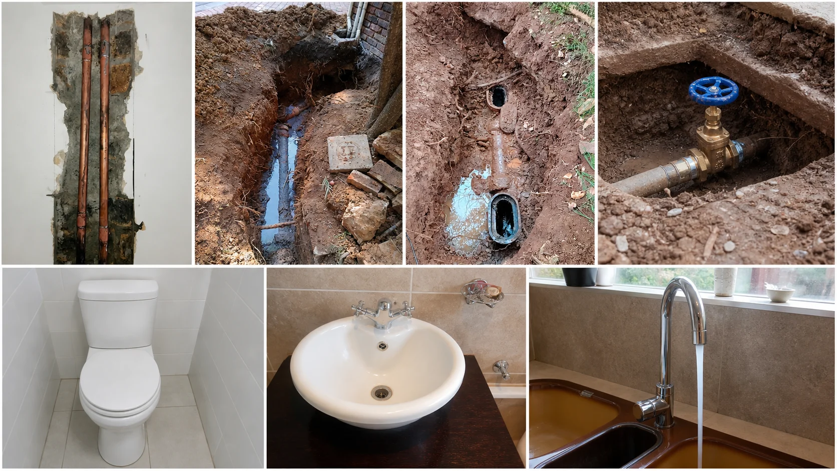 Collage showing real plumbing repair work including emergency pipe repairs, valve work, drainage access and bathroom fixture service.